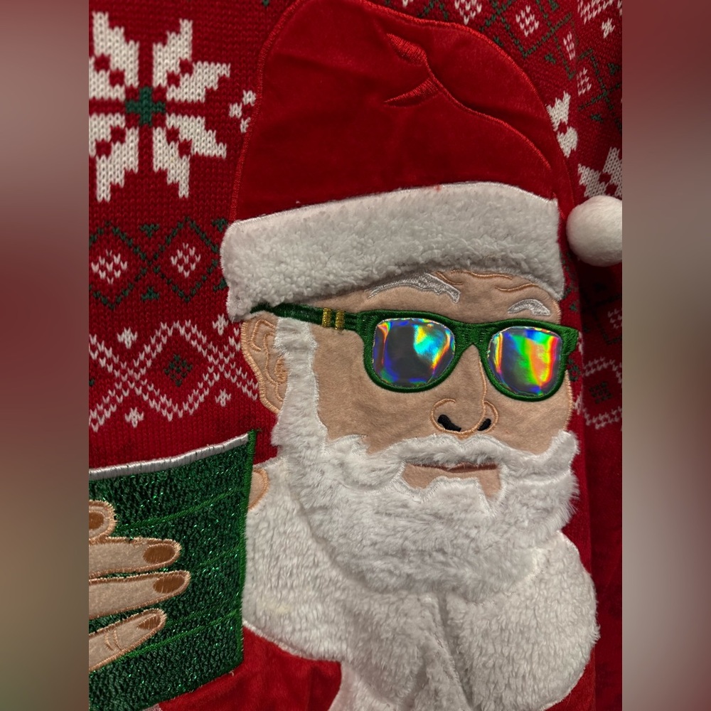 Cool Santa ugly  Christmas sweater.  Beer drinking, shades wearing st nick!